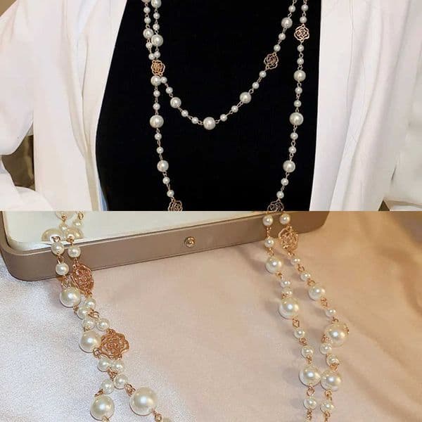 Flower Camellia Hollow Long Out Necklaces Women Luxury French Imitation Pearl Neck Chain Stackable Party Wedding Jewelry W L260609