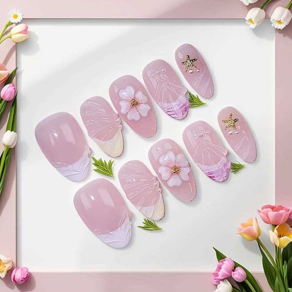 10pcs Short Almond Handmade Press On Nails Kit Pink Fake Nails Gentle Sweet Wearable Nail Art Carved Flowers Starfish C260609