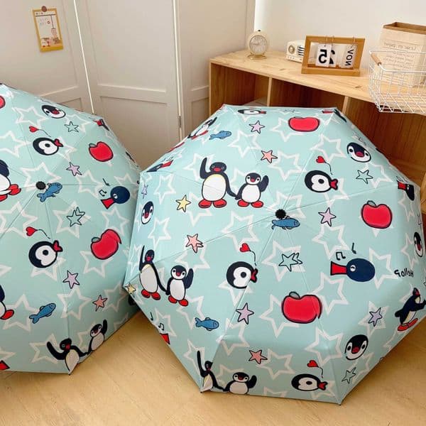 Open Auto Close Sun Umbrella with Black Lining - Cute Green Penguin Chick Digital Print UPF 50 UV Protection Compact 3-Fold D260610