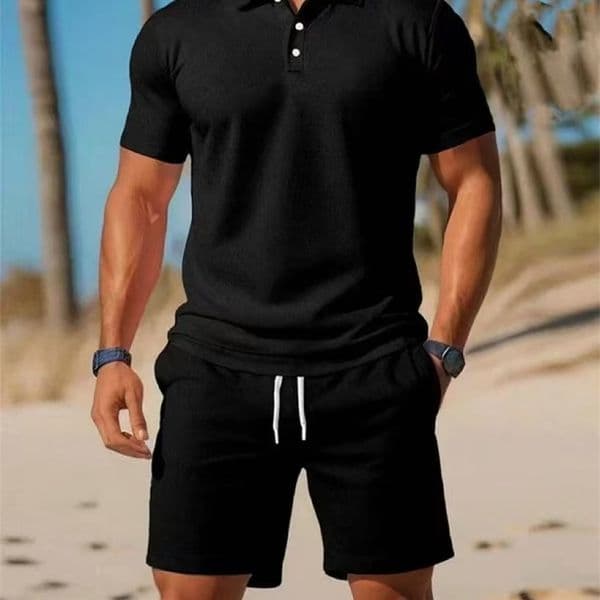Summer mens polo shirt set casual sporty cool slim fit solid color short sleeved shorts 260522
