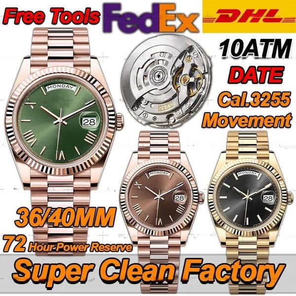 Mens Men Designer Diamonds Watches Top Quality Super Clone Day Date 40MM Clean Factory Automatic Cal.3255 Movement Sapphire Diving 100M Watch With Box