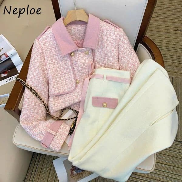 Neploe Simple Korea Y2K Commuter Small Fragrance Suit Coat Panelled High Waist Wid Leg Pants Casual Preppy England Trousers 260609
