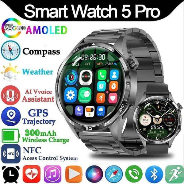 5 Pro GPS NFC Smart Watch Men 360*360 AMOLED Screen Heart rate Bluetooth Call IP67 Waterproof Man Smartwatch 2025 New J260610