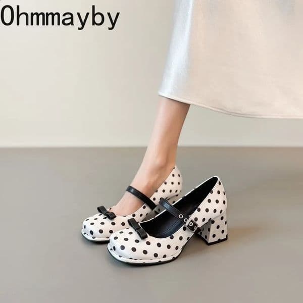 Vintage Thick Heel Polka Dot Women Mary Jane Shoes Fashion Shallow Square Toe Shoes Female Elegant Daily Wear Dress Pumps 260610