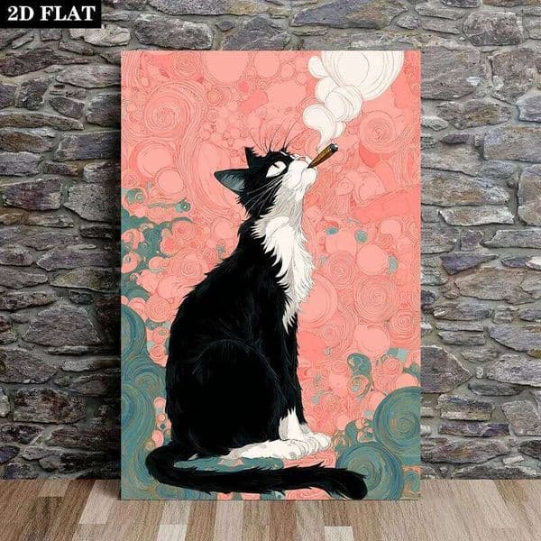 Frameless Mid-Century Modern Cat Canvas Wall Art 12x18 Inch Black White with Pink Blue Swirl Decor for Living Room Bedroom 26L0610