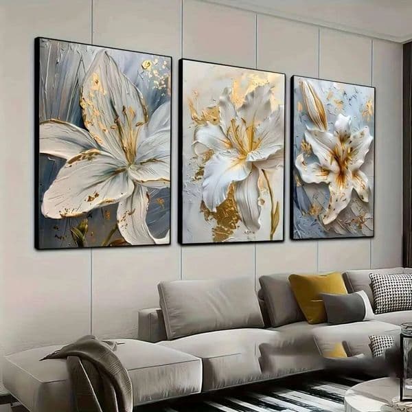 Luxury Designer Decor 3Pcs White room & Light Blue Lily Flower Art Posters - Elegant Wall Decor For Home Office, Bathroom, Living Room, Dorm 5
