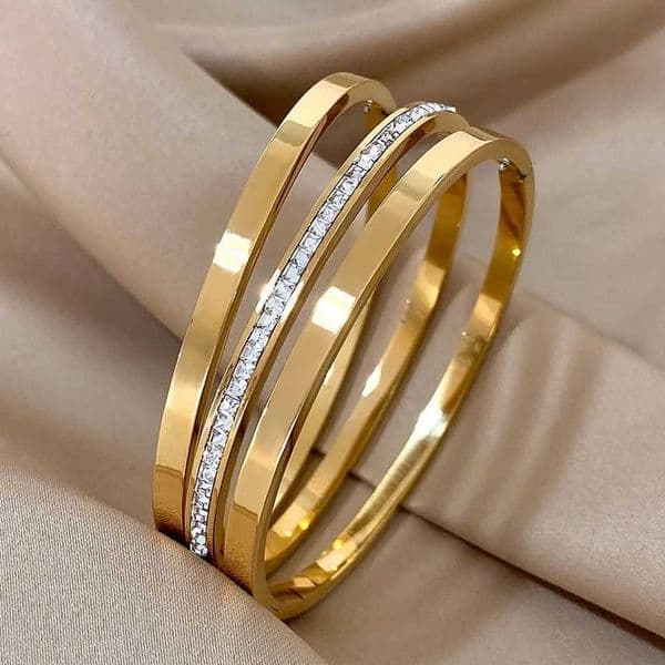 Glossy Rhinestone Stainless Steel 3pcs Bangle for Women Luxury Gold Silver Color Wristband Waterproof Jewelry M260612