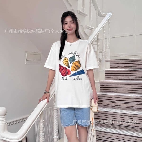 High quality designer clothing Lujia High Version Classic Conch Shell Graffiti Print Short Sleeve T-Shirt Ljia Summer Casual New Style