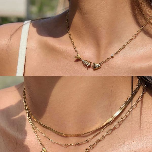 Fish White Zircon Uworld Delicate Bone Pendant Necklace For Women 18K PVD Gold Plated Stainless Steel Necklaces Vacation Jewelry L260609
