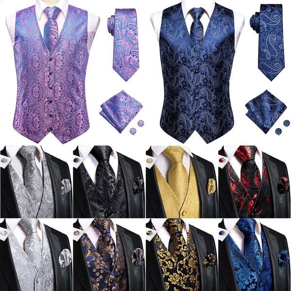 Wedding Purple Men Vest Paisley Floral Necktie Handkerchief Cufflinks Sets Blue Green Red Male Sleeveless V-Neck Waistcoat Party 260610
