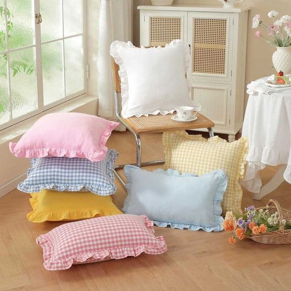 French-style pastoral fresh and simple ruffled lace all-cotton college plaid waist cushion sofa bed headboard bay window pillowcase L260606