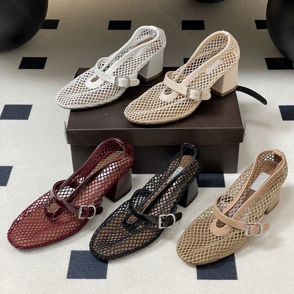 Women's Black Mesh Mary Jane Pumps Block Heel Square Toe Buckle Strap Shoes Breathable Hollow Out Heeled Sandals for Party Work Daily Wear With Box