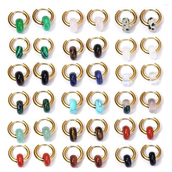 Hoop Earrings Classic Fashion Natural Stone Round Bead Woman Turquoises 3.0mm Thick Stainless Steel Ear Buckle Jewelry