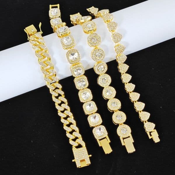 Popular round square heart-shaped quadrilateral strip-shaped 4-piece set hip-hop cuban chain men's bracelet