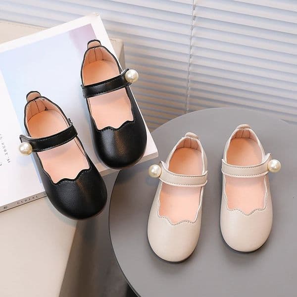 Girls Mary Janes Pearl Shallow Black Beige Pu Leather Children Princess Shoes Four Seasons 21-30 Flexiable All-match Kids Flats 260611