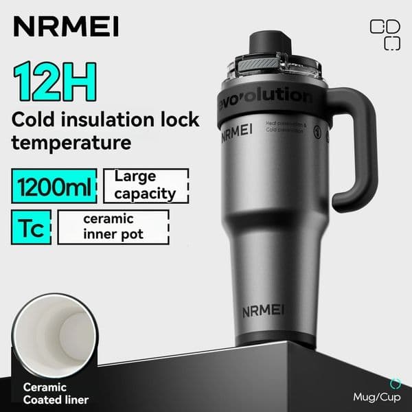 1200ML Ceramic Tumbler Insulated Cup Large Drinkware Stainless Steel Water Bottle Vacuum Flask Straw Handle Leakproof Mug 260611