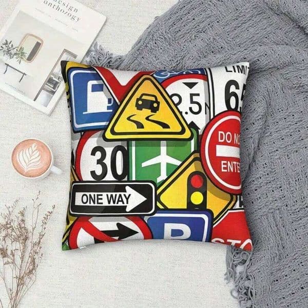 Traffic Signs Pattern Cushion Cover Urban Style Decorative Pillow Case Colorful Road Sign Print Home Sofa Living Room Decor 26Y0611