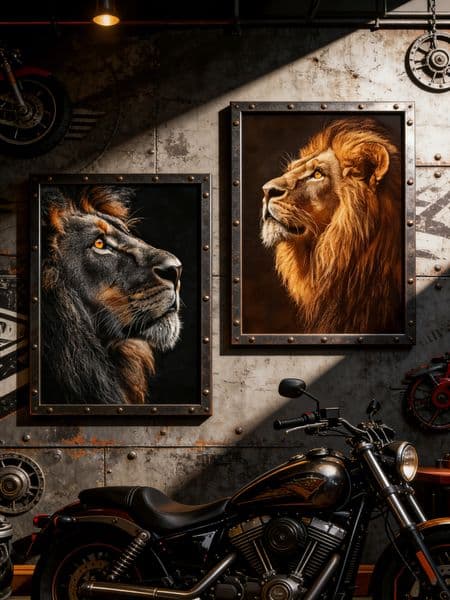 Set of 2 Majestic Male Lion Head Wall Art, High Contrast Moody Wildlife Lion Portrait Print, Realistic Golden Mane Big Cat Decor for Man Cave, Office & Luxury Living Room