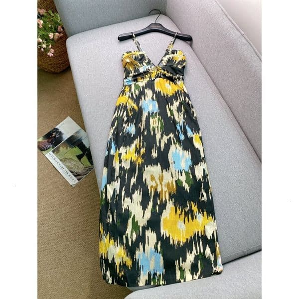 Designer Dress Vacation dress~Designer gradient print camisole for women, linen deep V-neck, waist-cinching, slit, elegant mid-length dress
