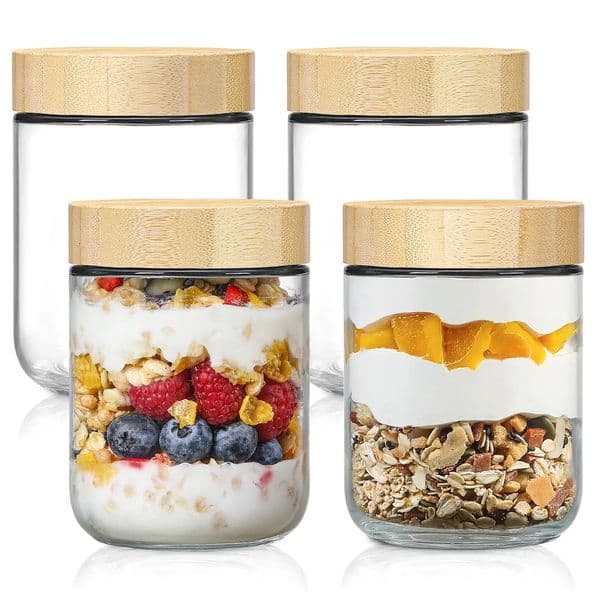 4pack Glass jars with Airtight Lid 16oz Over Night Oats Container with Bamboo Lids Glass Snack Storage Salad Jars Yogurt Sugar 260611