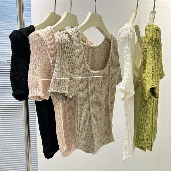 Shirt Slim Fit Fishbone Knit Short Top Women Spring Summer U Neck Three Button Elastic Korean Style Commute Fashion Plus Size Tshirt