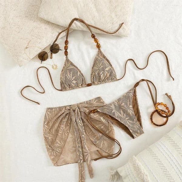 Women's Swimwear S - XL With Skirt Printed Halter Bikini Women Female Swimsuit Three-pieces Set Bather Bathing Suit Swim