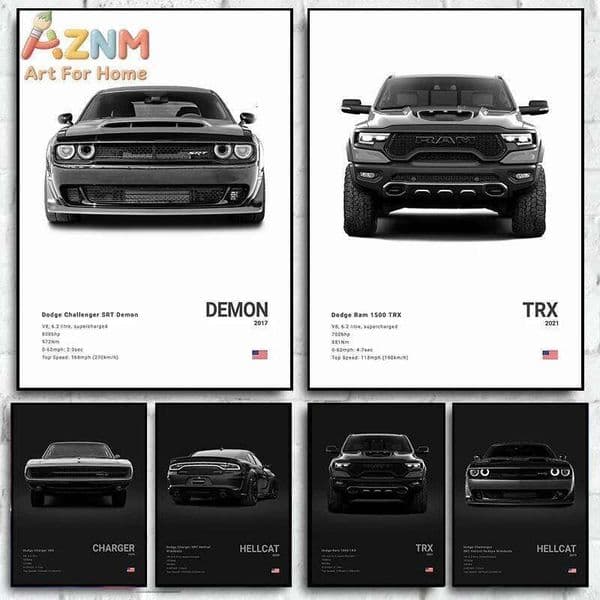 AZNM Dodge Challenger SRT Demon & Ram 1500 TRX Black and White Wall Art Print, Single Unframed Canvas Poster, Minimalist America 26L0611