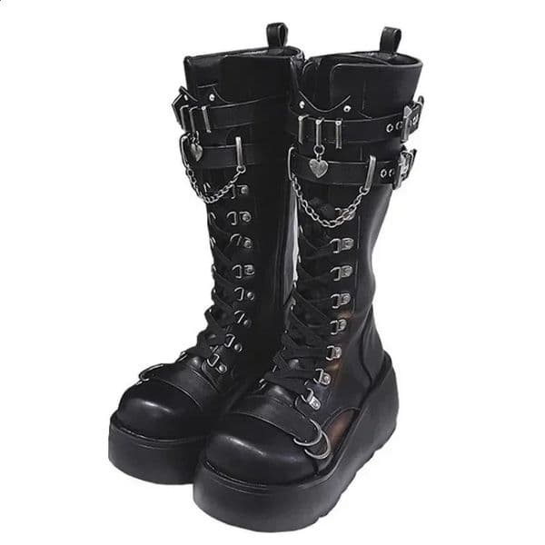Motorcycle Boots Platform Boots for Women Wedges Knee High Lace Up Fashion Goth Gothic Boots Punk Shoes Girls Winter 260610