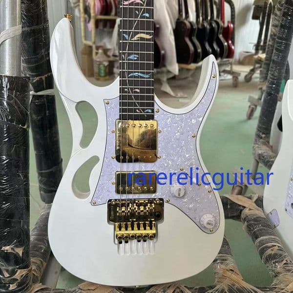 Gloss White Hollow Cutaway Electric Guitar, HH Pickups, Gold Hardware, Colorful Floral Inlays, Double Lock Tremolo, 24 Frets