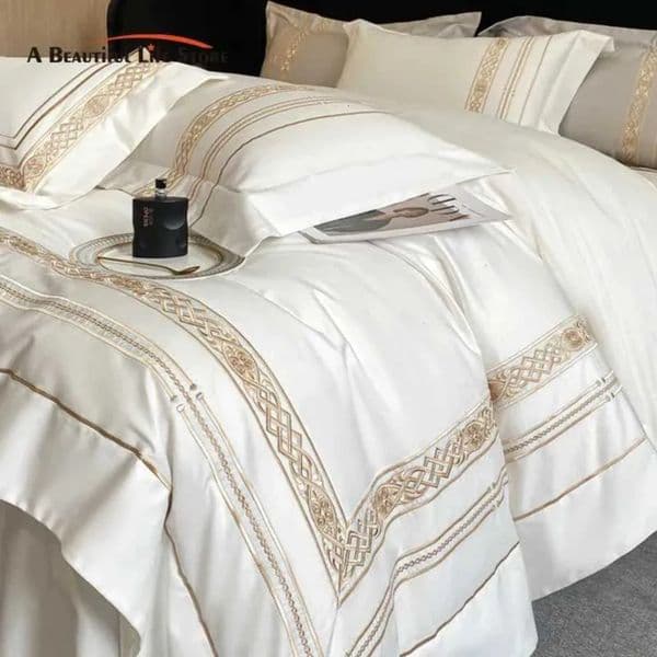 Luxury Designer 100% Egyptian Cotton Luxury Gold Embroidery Hotel Style Bedding White art Grey Duvet Cover Set Fitted Bed Sheet Pillowcases Free Shipping 2 2