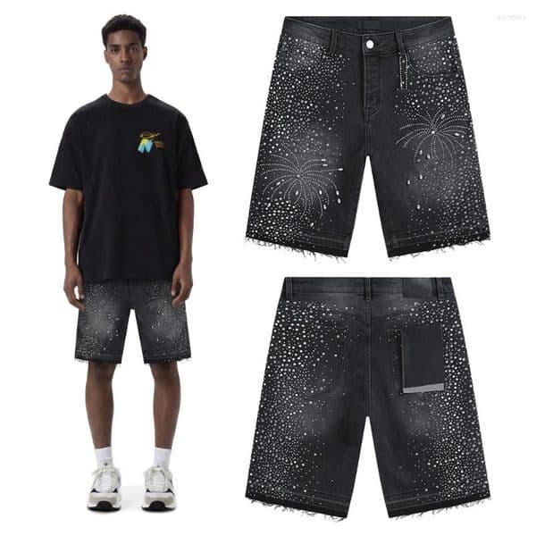 Men's Shorts Vintage Streetwear Clothing Rhinestones Short Jeans Hip Hop Street Style Cotton Casual Distressed Washed Baggy Pants