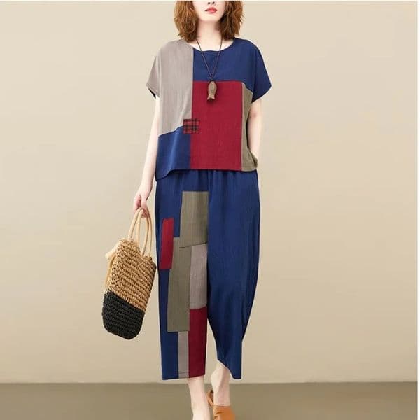 Slimming Effect Cotton Linen Patchwork Loose Womens Set Summer Sle Retro Ethnic Personali Tag Two-Piece Suit 260610