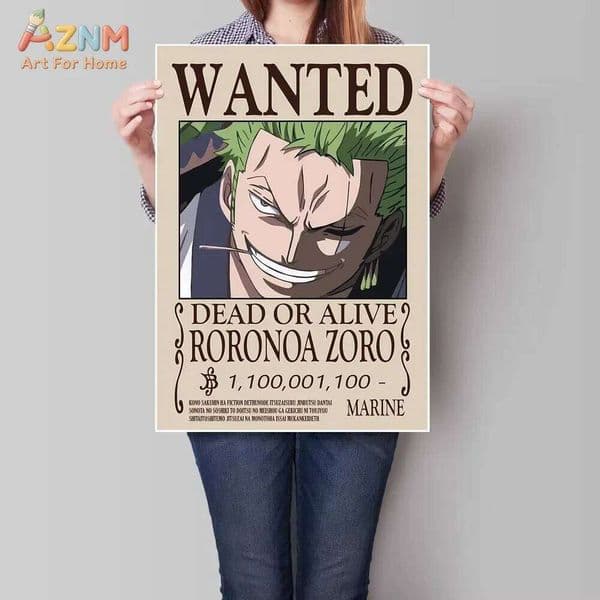 AZNM One Piece Roronoa Zoro Wanted Bounty Poster Anime Frameless Canvas Wall Art, Classic Pirate Manga Home Living Room Decor Pa 26L0611