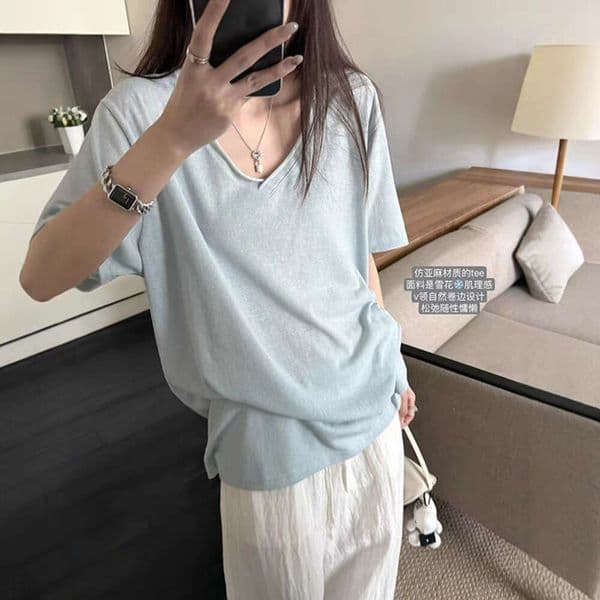 Women's Top With Rolled Edges And Drape, Made Of Cool Snowflake Cotton, Plus-Size, Loose V-Neck Short-Sleeve T-Shirt For Women In Summer 035
