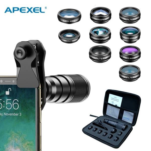 APEXEL 22X Telepo Lens Kit for iPhone 10in1 Set Phone Camera Lens Wide Macro Filter Lens for Mobile Phone Accessories 260611