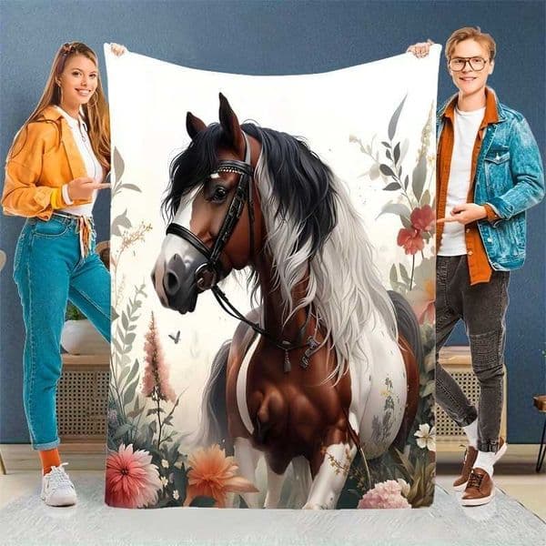 Floral Spring Horse Fleece Blanket Boho Equestrian Style Throw Blanket Soft Cozy for Country Home Decor Spring Outdoor Lounging D260612