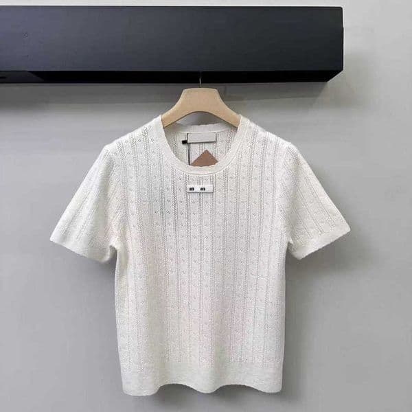 Women's T-Shirt designer Woman M Brand Summer New Letter Embroidered Breathable Hollow Slim Fit Short Sleeve Knit Top