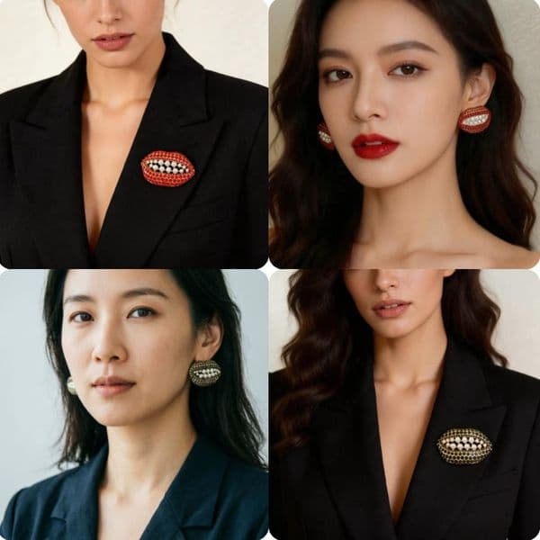 Retro light luxury personalized red sparkling diamond lips pearl earrings Brooches pin exaggerated fashion nightclub jewelry accessories
