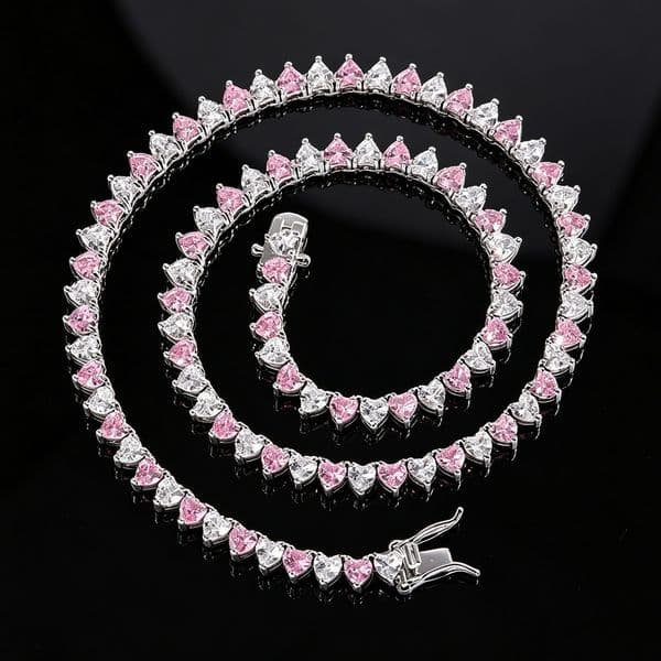 4mm Pink Heart Tennis Chain Necklace Choker Hip-hop Jewelry For Women Designer Luxury Fine Quality Copper Prong Cubic Zirconia Heart-shaped Chains Jewelry Gifts