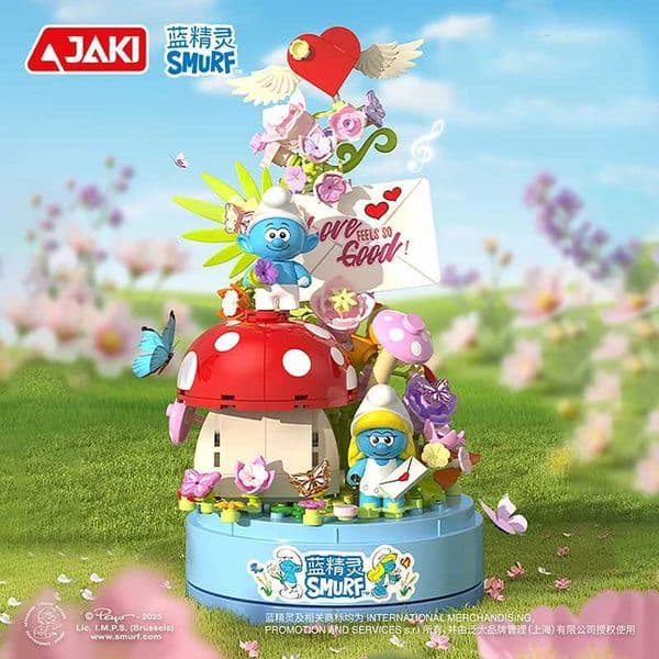 Smurfs Love Letter Music Box Building Blocks Rotating Music Box Model Bricks Desktop Ornaments Educational DIY Toys Holiday Gift L260612