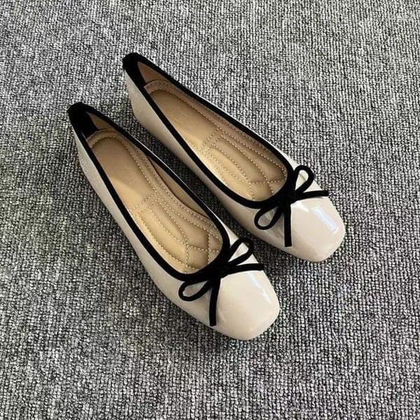 Casual Shoes French Vintage Bow Ballet Flats For Women Square Toe Patent Leather Memory Foam Insole Non Slip Lightweight Office Daily