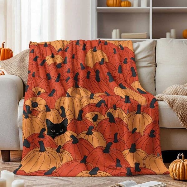 Halloween 1PC Theme Throw Pumpkin Black cats Thin Blanket Gifts for family friends Couch Bed Car Home Camping all season use D260612