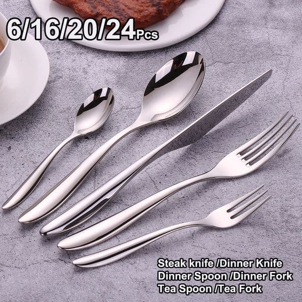 6162024Pcs Sliver Tableware Stainless Steel 304 Cutlery Set Mirror Knife Fork Spoon Western Dinner Smooth Handle Flatware 260612