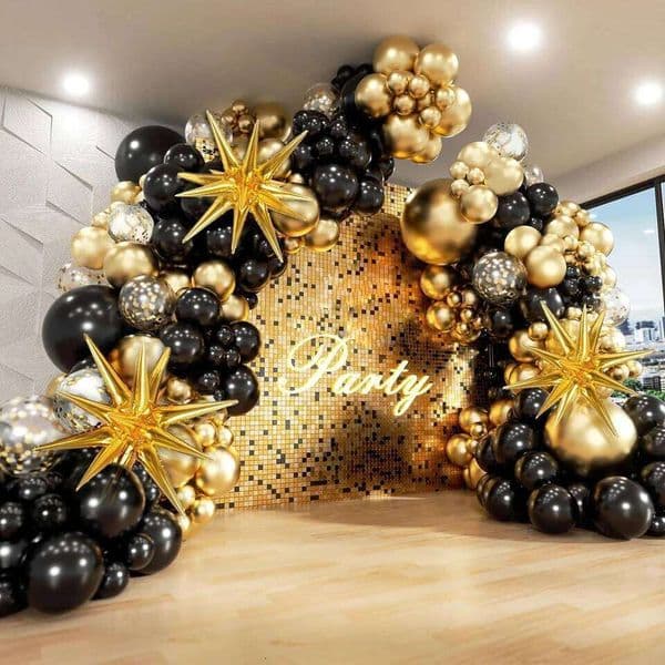 Black and Gold Garland Arch Kit with Starburst Foil Balloons for Wedding Birthday Family Party Decorations Supplies W260612