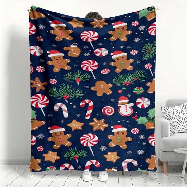 Gingerbread Christmas Man Candy Pattern Fleece Blanket Navy Blue Festive Throw Blanket for Couch Bed Lounging Ideal Gifts D260612