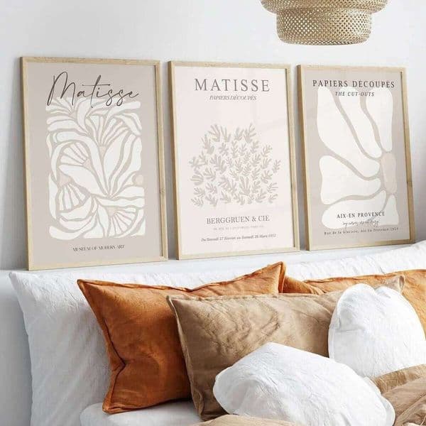 Set of 3 Bohemian Neutral Canvas Wall Art Gray Beige Sage Print, Minimalist Matisse Poster, Flower 26L0612