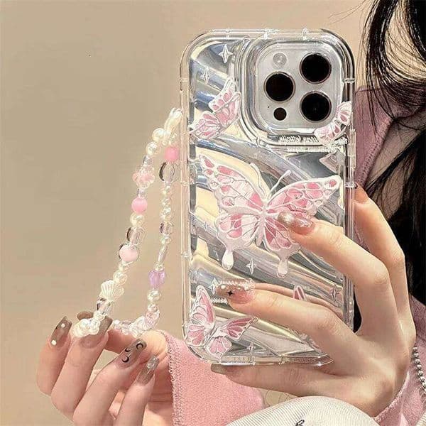 Korean 3D Butterfly Bracelet Chain Case For iPhone 16 Max 15 14 13 12 11 Pro Cover Funda Aurora Gradient Laser With Lanyard 26Y0601