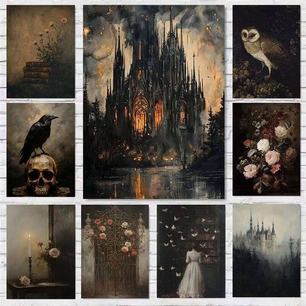 Dark Academia Antique Gothic Castle Wildflowers and Books Crow Owl Animal Poster Canvas Painting Wall Art Pictures Home Decor J260613