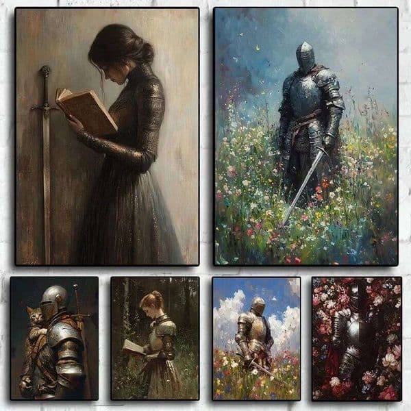 Vintage Dark Academia Medieval Knight in Wildflower Meadow Fantasy Sword Poster Canvas Painting Wall Art Pictures Home Decor J260613