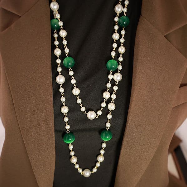 Fashion luxury Classic Long multi layer statement necklace featuring Pearls Rubies by Trendy Ladies Couture Brand